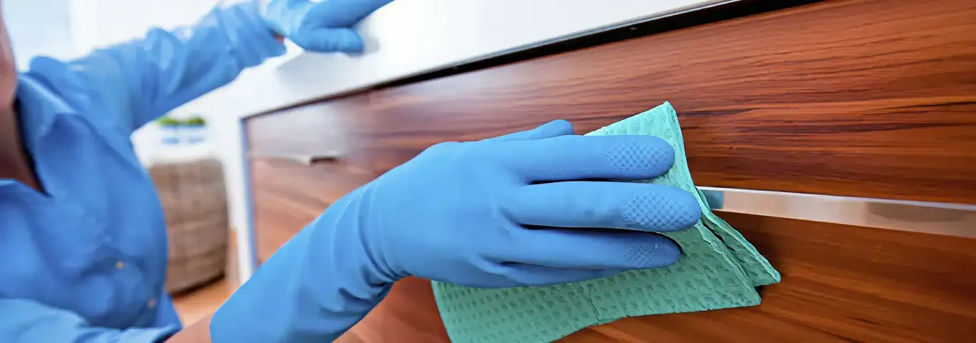 Cleaner wearing blue gloves wiping a wooden cabinet drawer with a microfiber cloth for dust and grime removal, El Paso, TX.