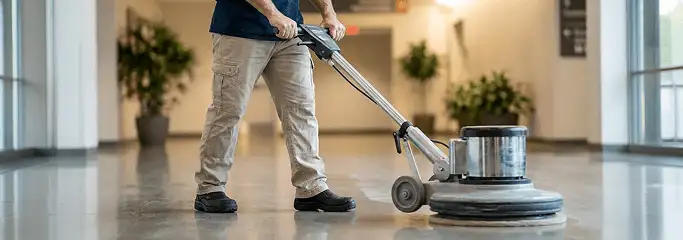 Professional technician using an industrial floor buffer to polish and maintain shiny commercial flooring in a corporate hallway in El Paso, TX.
