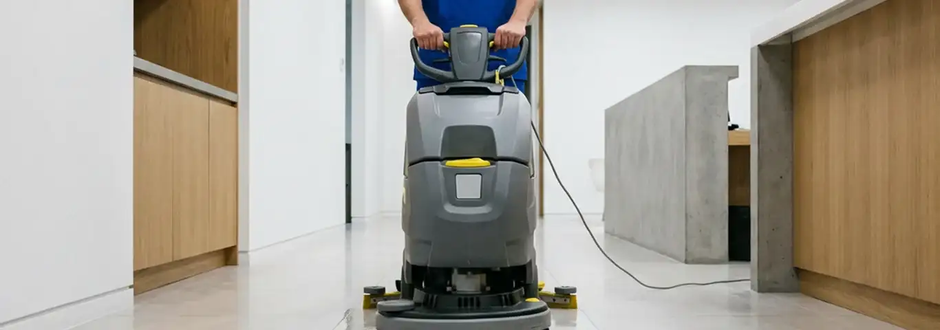 Janitorial staff using a floor scrubber machine to clean a commercial hallway, El Paso, TX.