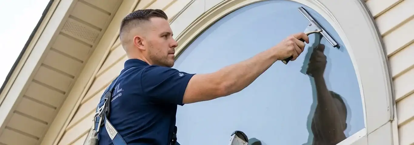 Professional window cleaner using a squeegee to clean an exterior arched window on a home, El Paso, TX.