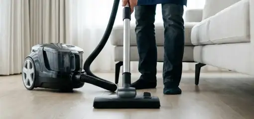 Professional house cleaner vacuuming a living room floor with a canister vacuum cleaner, El Paso, TX.