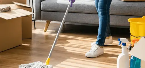 Move-out cleaning setup with a cleaner mopping hardwood floors near moving boxes and cleaning supplies, El Paso, TX.