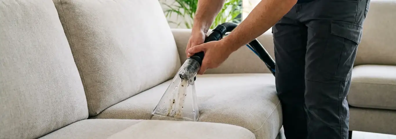 Technician extracting dirt and moisture from a fabric sofa with an upholstery cleaning wand, El Paso, TX.