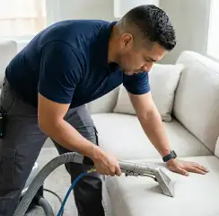 Professional upholstery cleaning technician using an extraction wand to deep-clean a fabric sofa, El Paso, TX.