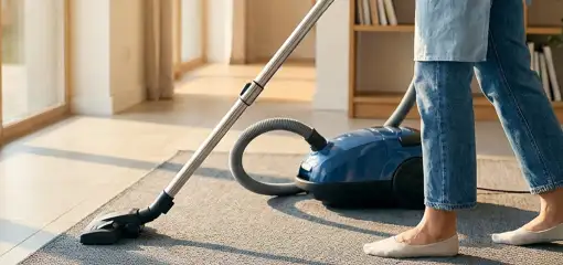 Person vacuuming a living room rug with a canister vacuum cleaner near large windows, El Paso, TX.